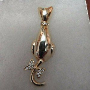 VVintage Gold Tone Kitty Cat Kitten Pin Rhinestone Tail Bow & Collar Tail Moves
